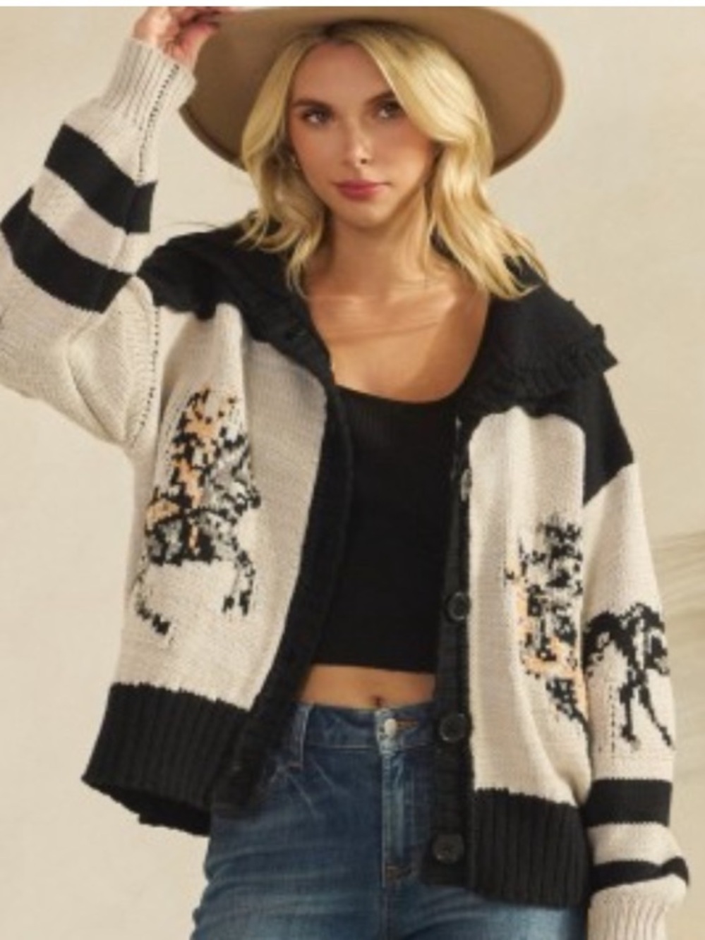 Veveret Black Horse Print Oversized Cardigan Sweater Size Large NWT